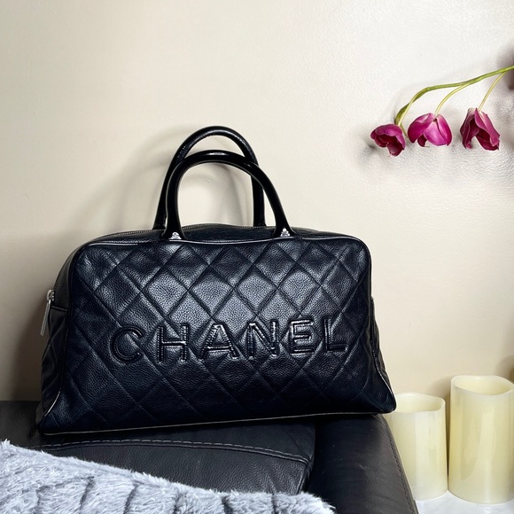 💯AUTH CHANEL LOGO SPELL OUT QUILTED CAVIAR MATALESE BOSTON BAG BLACK MEDIUM EUC - Picture 7 of 15